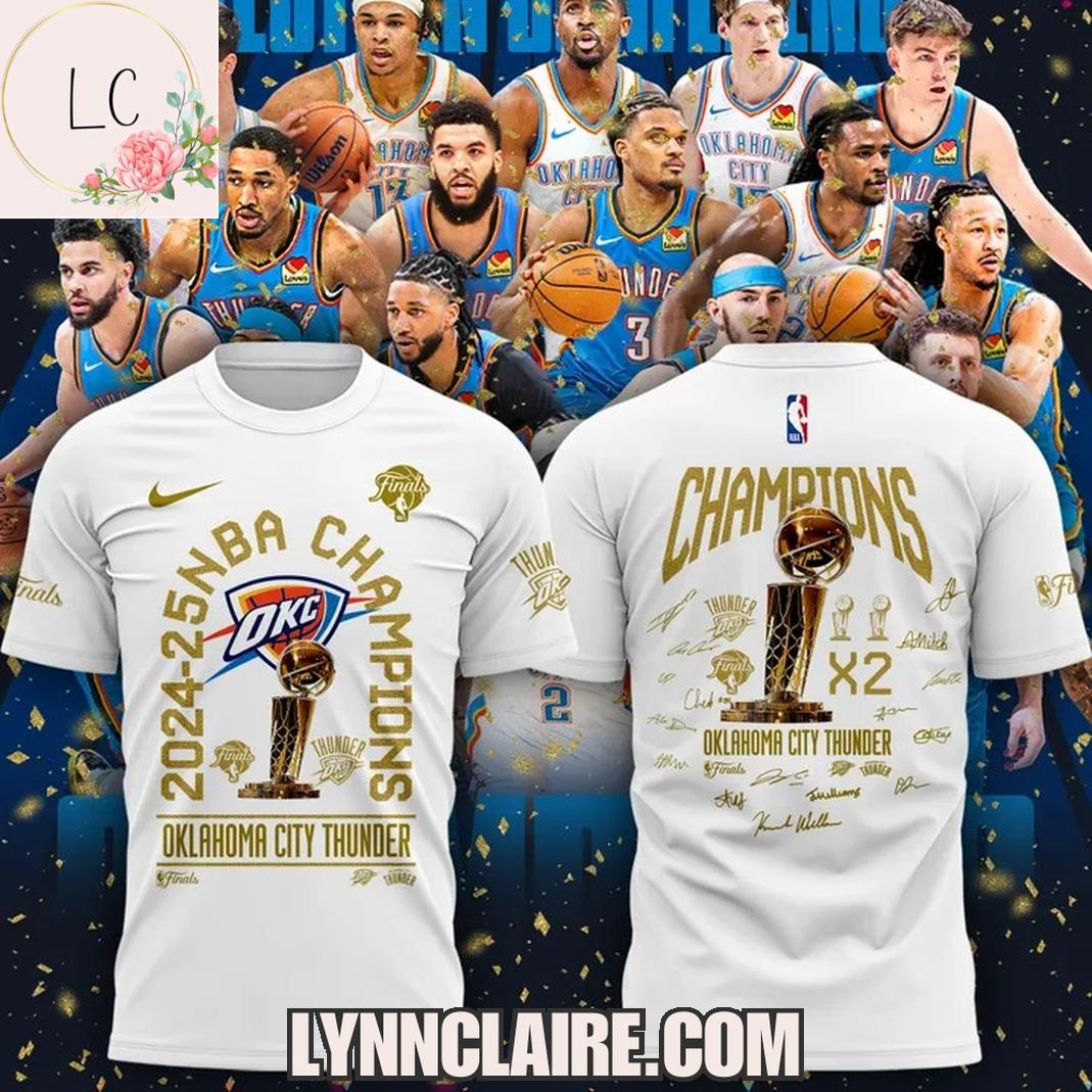 Limited Edition 2024-25 NBA Champions X2 Oklahoma City Thunder 3D T-Shirt - White Limited Edition 2024-25 NBA Champions X2 Oklahoma City Thunder 3D T-Shirt - White