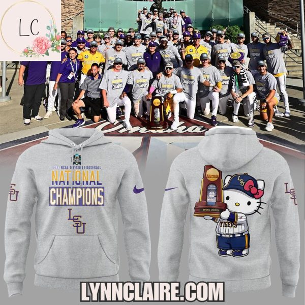 Limited Edition 2025 NCAA Division I Baseball National Champions LSU Tigers x Hello Kitty Hoodie